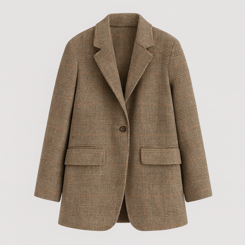 Checked wool coat with notched lapel collar and single-button closure, styled for classic and polished outerwear looks