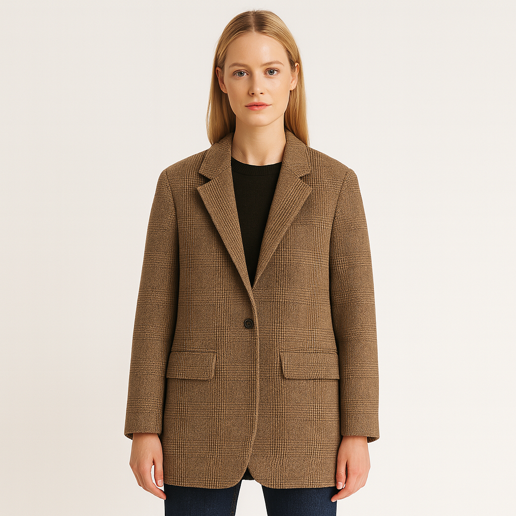 Checked wool coat with notched lapel collar and single-button closure, styled for classic and polished outerwear looks