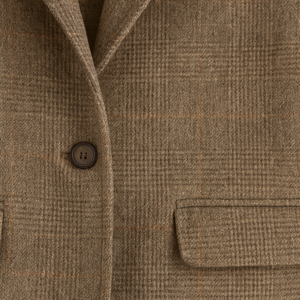 Checked wool coat with notched lapel collar and single-button closure, styled for classic and polished outerwear looks