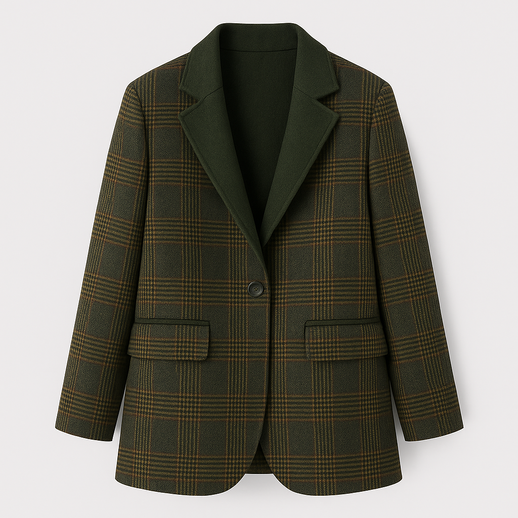 Checked wool coat with notched lapel collar and single-button closure, styled for classic and polished outerwear looks