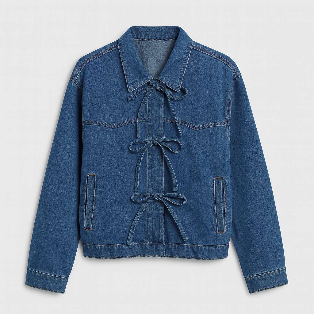 A denim jacket with long sleeves, a point collar, and tie-front closures.