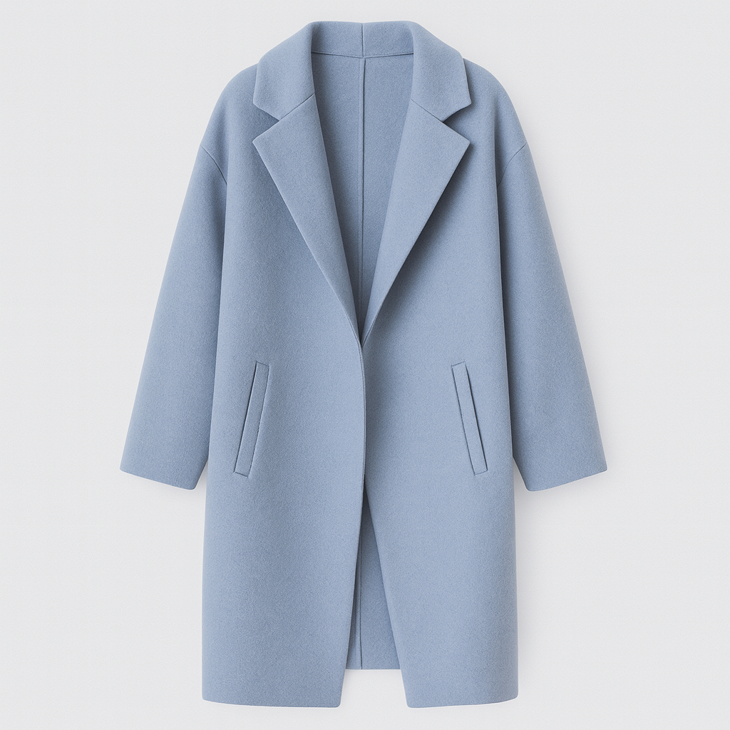 Long oversized coat with a notched lapel collar, straight silhouette, and two front welt pockets.