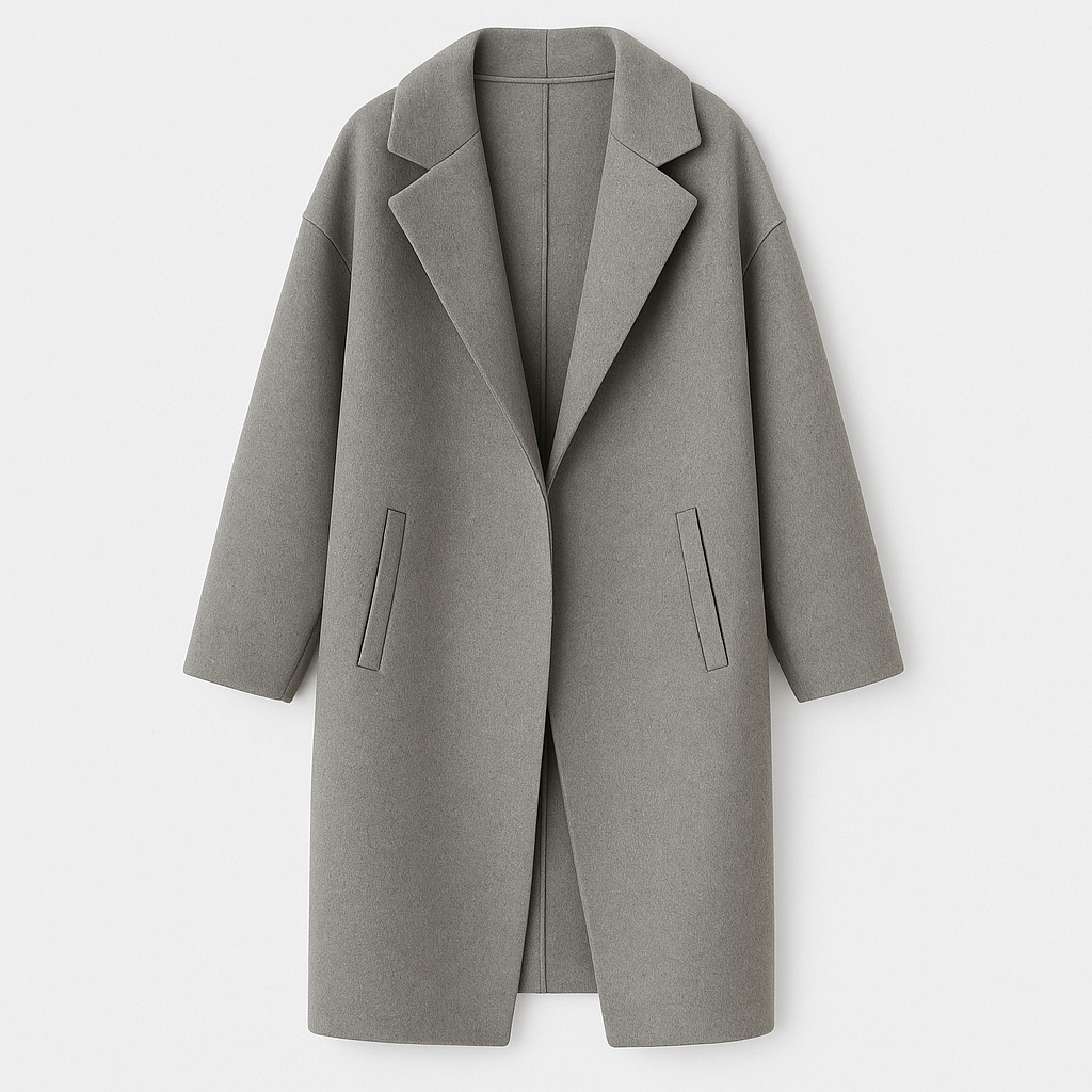 Long oversized coat with a notched lapel collar, straight silhouette, and two front welt pockets.