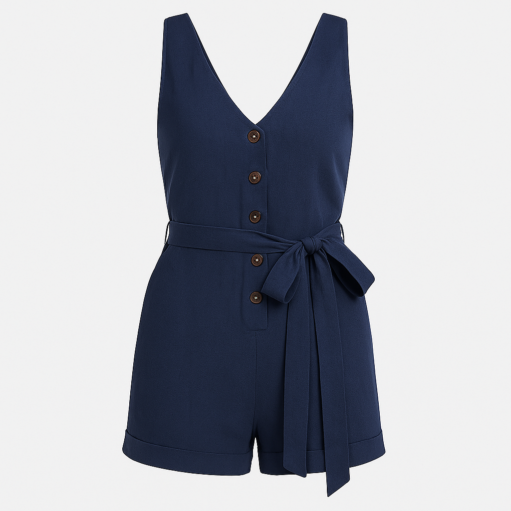 A sleeveless romper with a deep V-neckline, front button detailing, and a matching fabric belt tied at the waist. The shorts have a slightly loose fit with a subtle cuffed hem for a casual yet chic look.