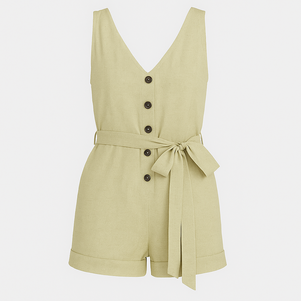 A sleeveless romper with a deep V-neckline, front button detailing, and a matching fabric belt tied at the waist. The shorts have a slightly loose fit with a subtle cuffed hem for a casual yet chic look.