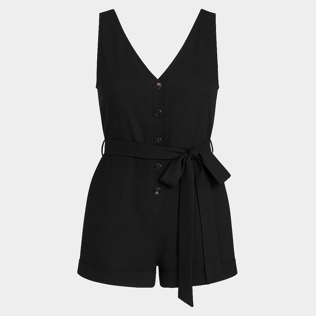 A sleeveless romper with a deep V-neckline, front button detailing, and a matching fabric belt tied at the waist. The shorts have a slightly loose fit with a subtle cuffed hem for a casual yet chic look.