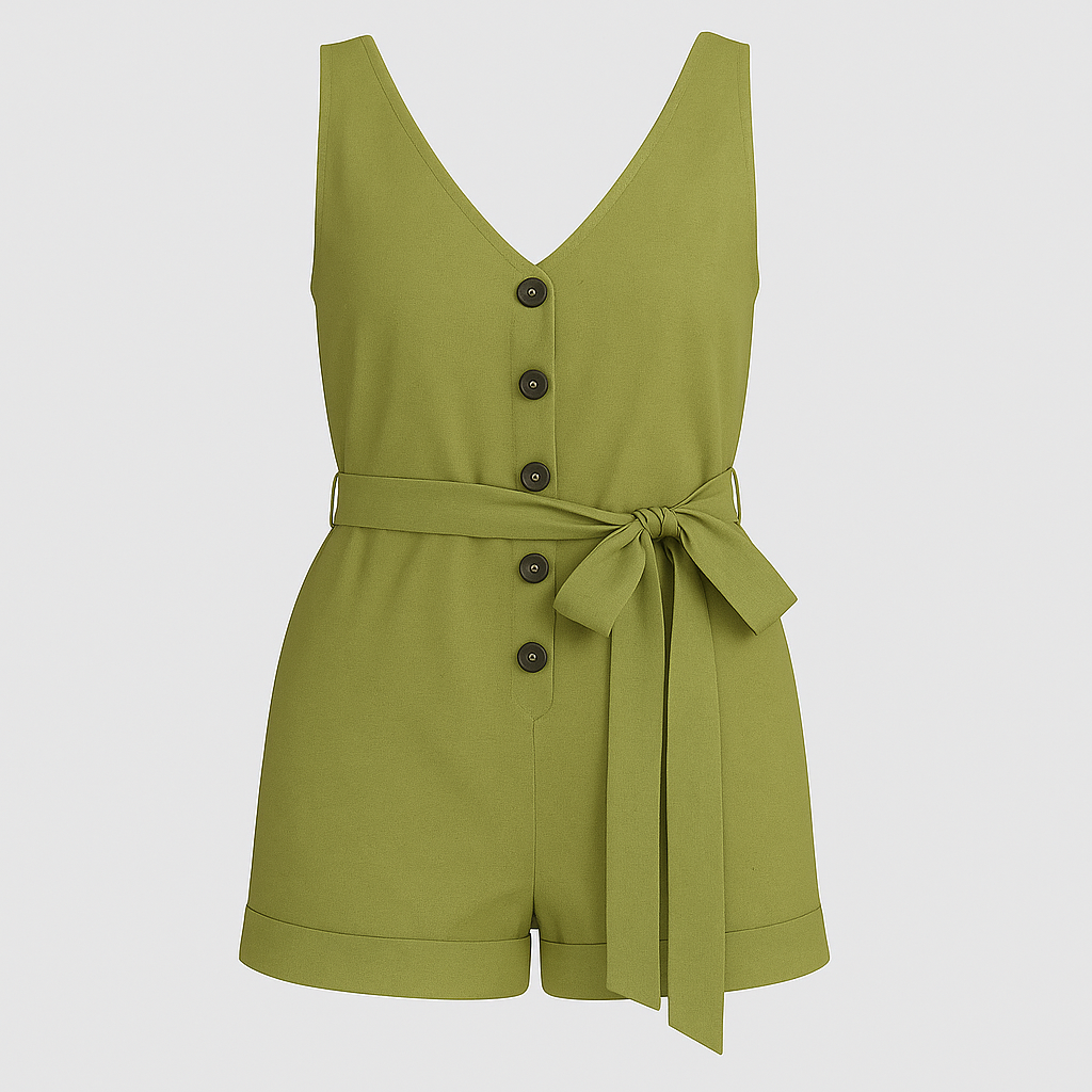 A sleeveless romper with a deep V-neckline, front button detailing, and a matching fabric belt tied at the waist. The shorts have a slightly loose fit with a subtle cuffed hem for a casual yet chic look.