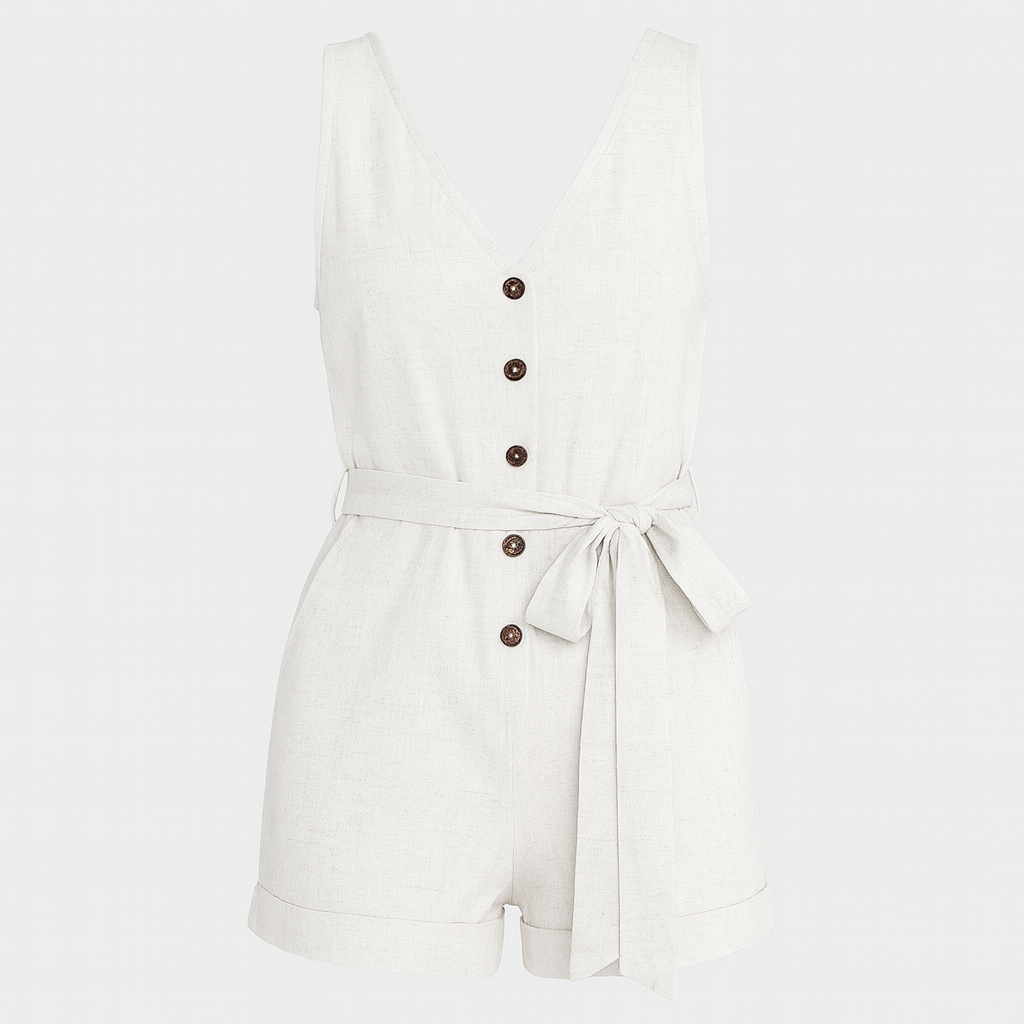 A sleeveless romper with a deep V-neckline, front button detailing, and a matching fabric belt tied at the waist. The shorts have a slightly loose fit with a subtle cuffed hem for a casual yet chic look.
