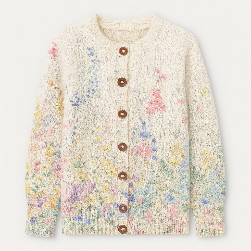 Button-up knitted cardigan with a floral design, round neckline, and ribbed cuffs and hem.