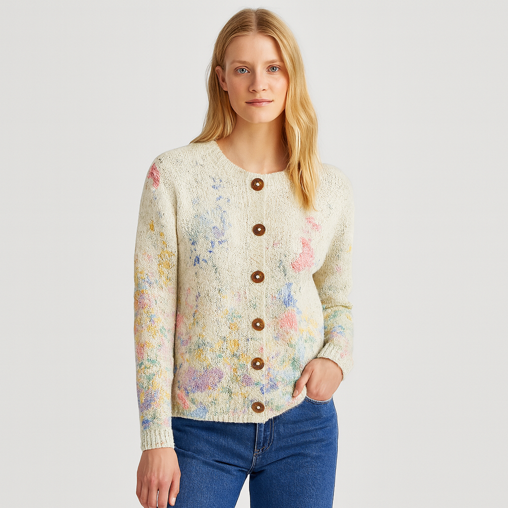 Button-up knitted cardigan with a floral design, round neckline, and ribbed cuffs and hem.