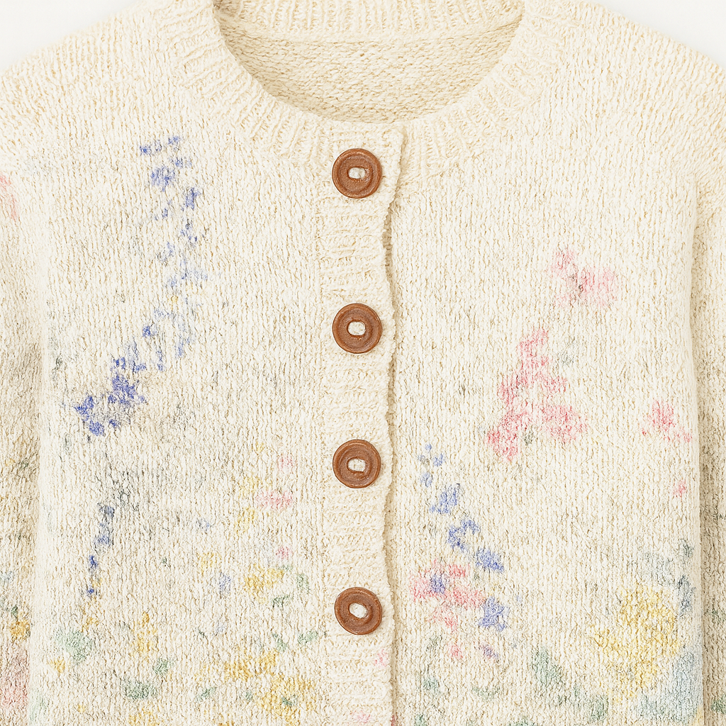 Button-up knitted cardigan with a floral design, round neckline, and ribbed cuffs and hem.