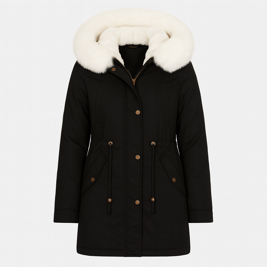 Long-sleeve parka coat featuring a large faux fur-trimmed hood, zip and snap front closure, drawstring waist for shaping, and flap pockets with button details.