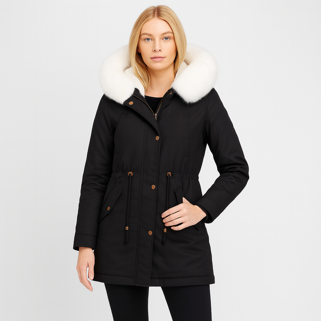 Long-sleeve parka coat featuring a large faux fur-trimmed hood, zip and snap front closure, drawstring waist for shaping, and flap pockets with button details.