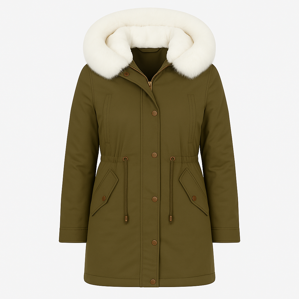 Long-sleeve parka coat featuring a large faux fur-trimmed hood, zip and snap front closure, drawstring waist for shaping, and flap pockets with button details.