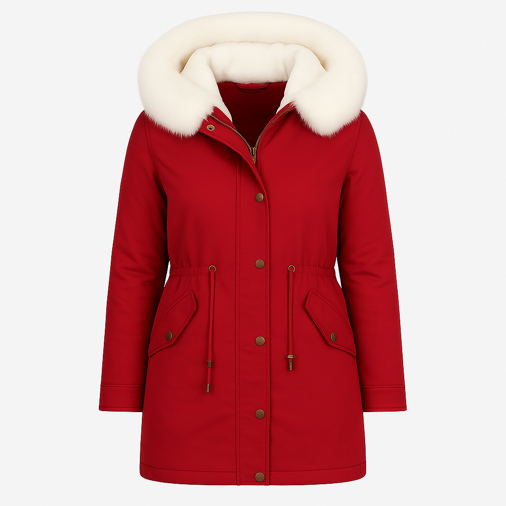 Long-sleeve parka coat featuring a large faux fur-trimmed hood, zip and snap front closure, drawstring waist for shaping, and flap pockets with button details.