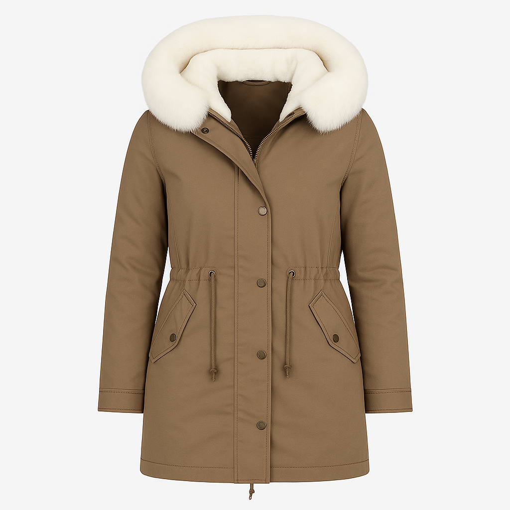 Long-sleeve parka coat featuring a large faux fur-trimmed hood, zip and snap front closure, drawstring waist for shaping, and flap pockets with button details.