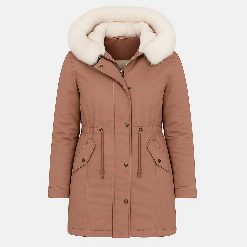 Long-sleeve parka coat featuring a large faux fur-trimmed hood, zip and snap front closure, drawstring waist for shaping, and flap pockets with button details.
