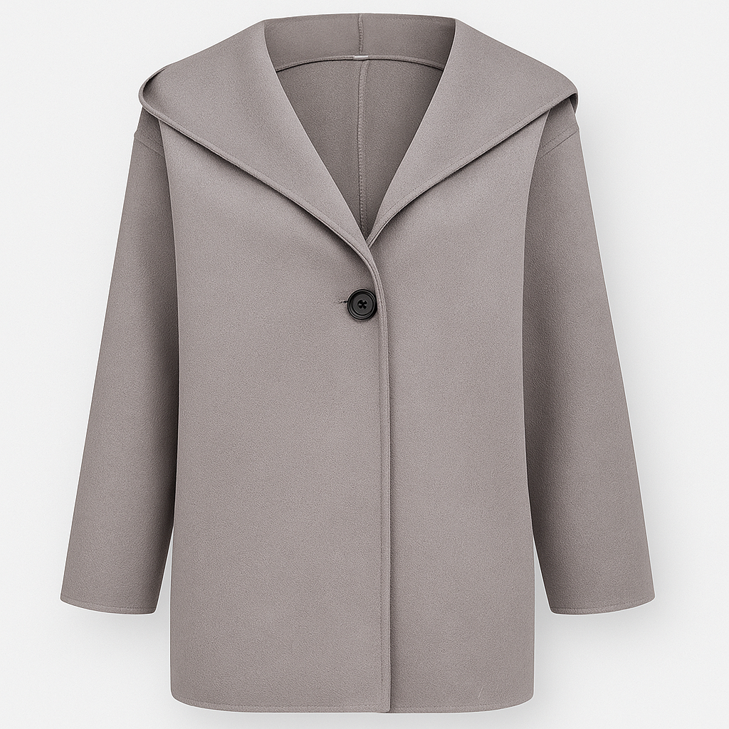 Short coat with a wide lapel collar, single-button closure, and straight long sleeves.