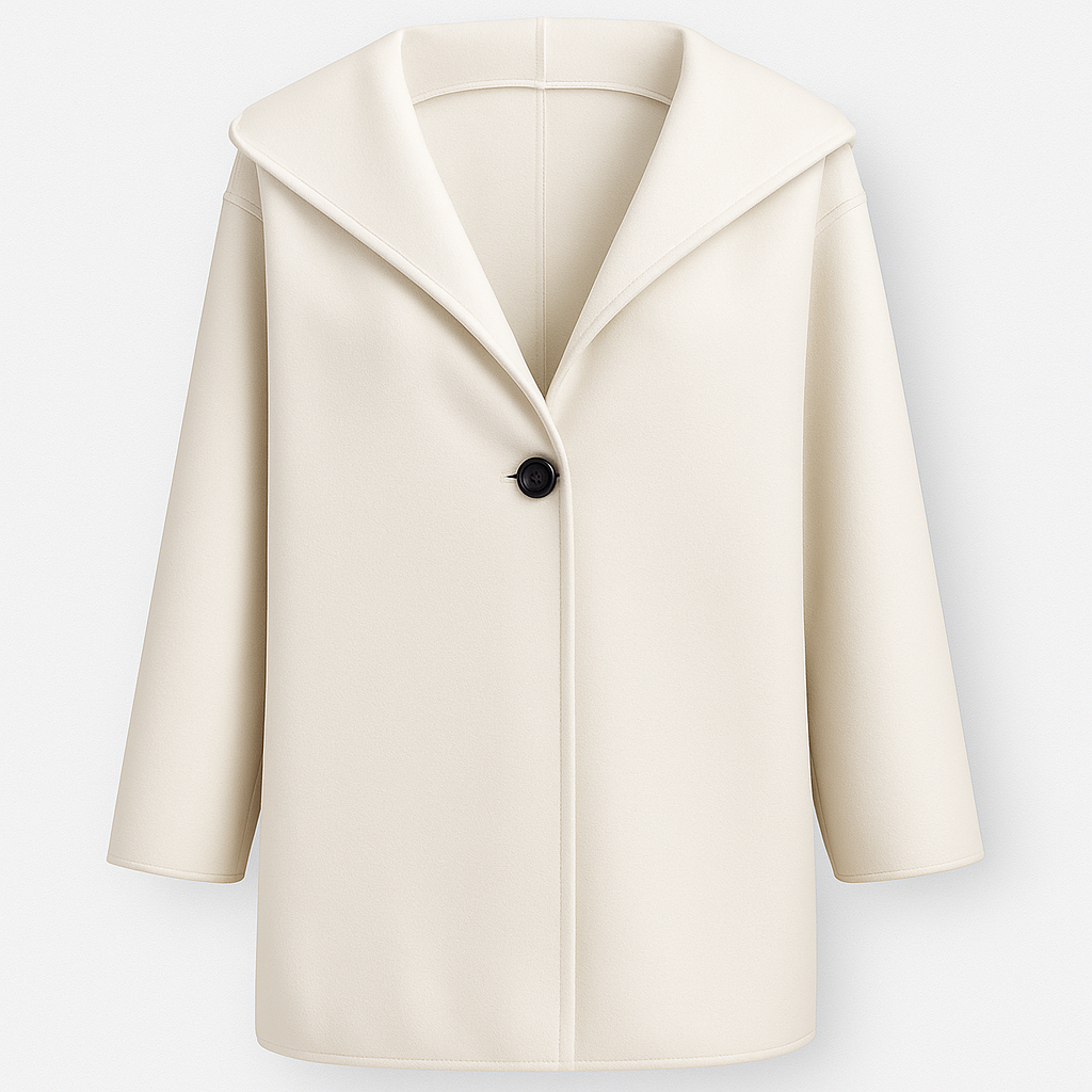 Short coat with a wide lapel collar, single-button closure, and straight long sleeves.