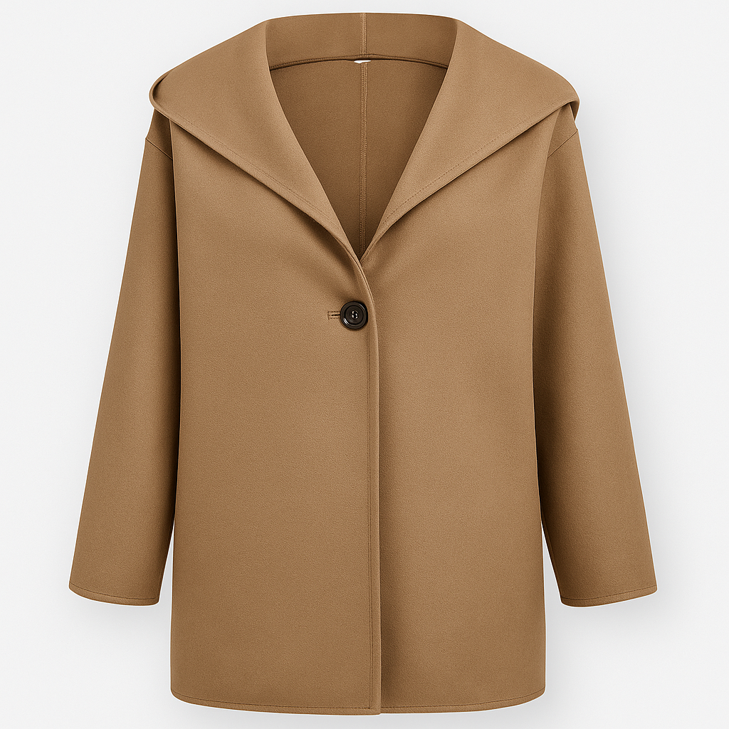Short coat with a wide lapel collar, single-button closure, and straight long sleeves.
