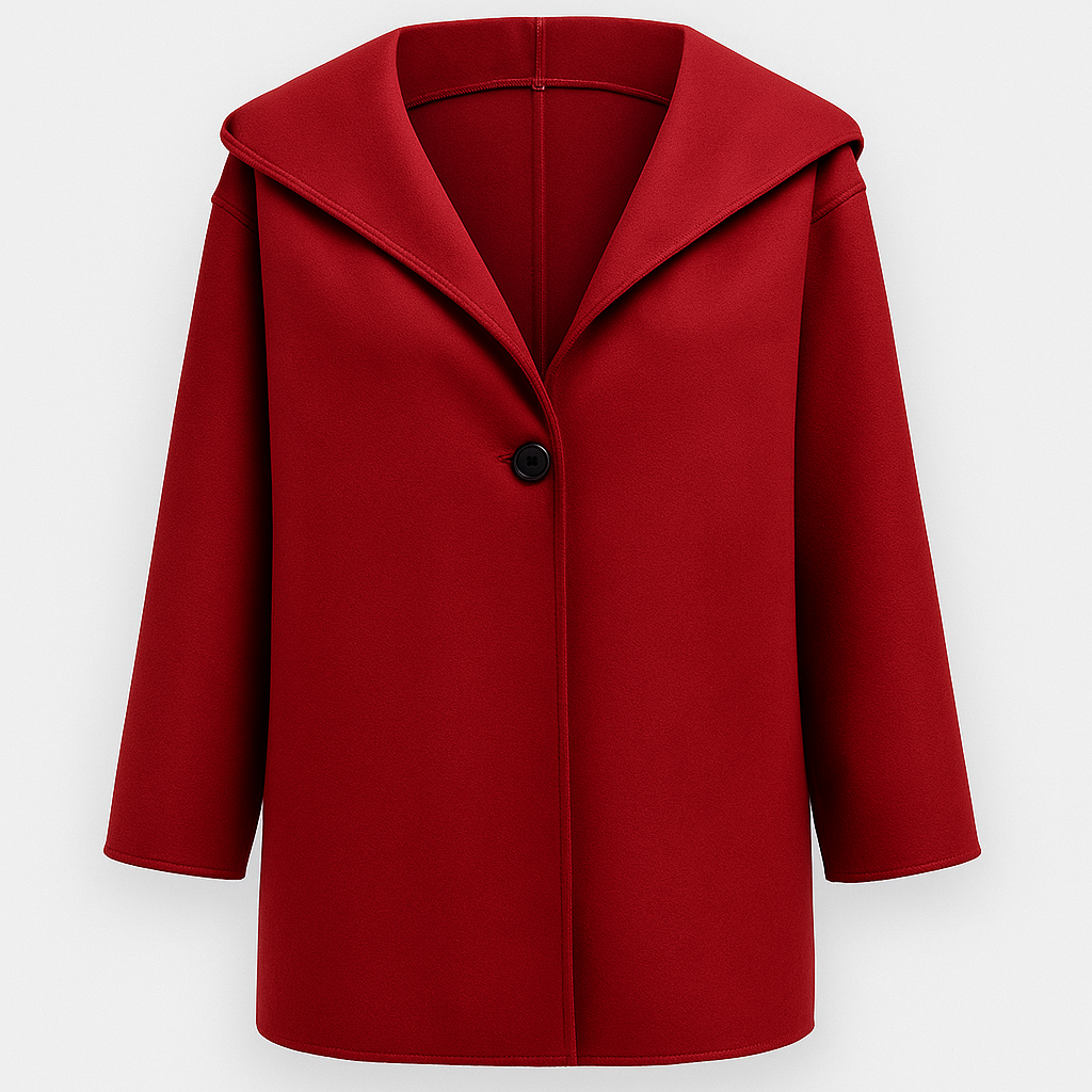 Short coat with a wide lapel collar, single-button closure, and straight long sleeves.