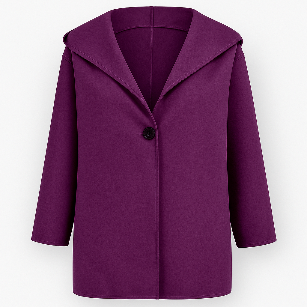 Short coat with a wide lapel collar, single-button closure, and straight long sleeves.