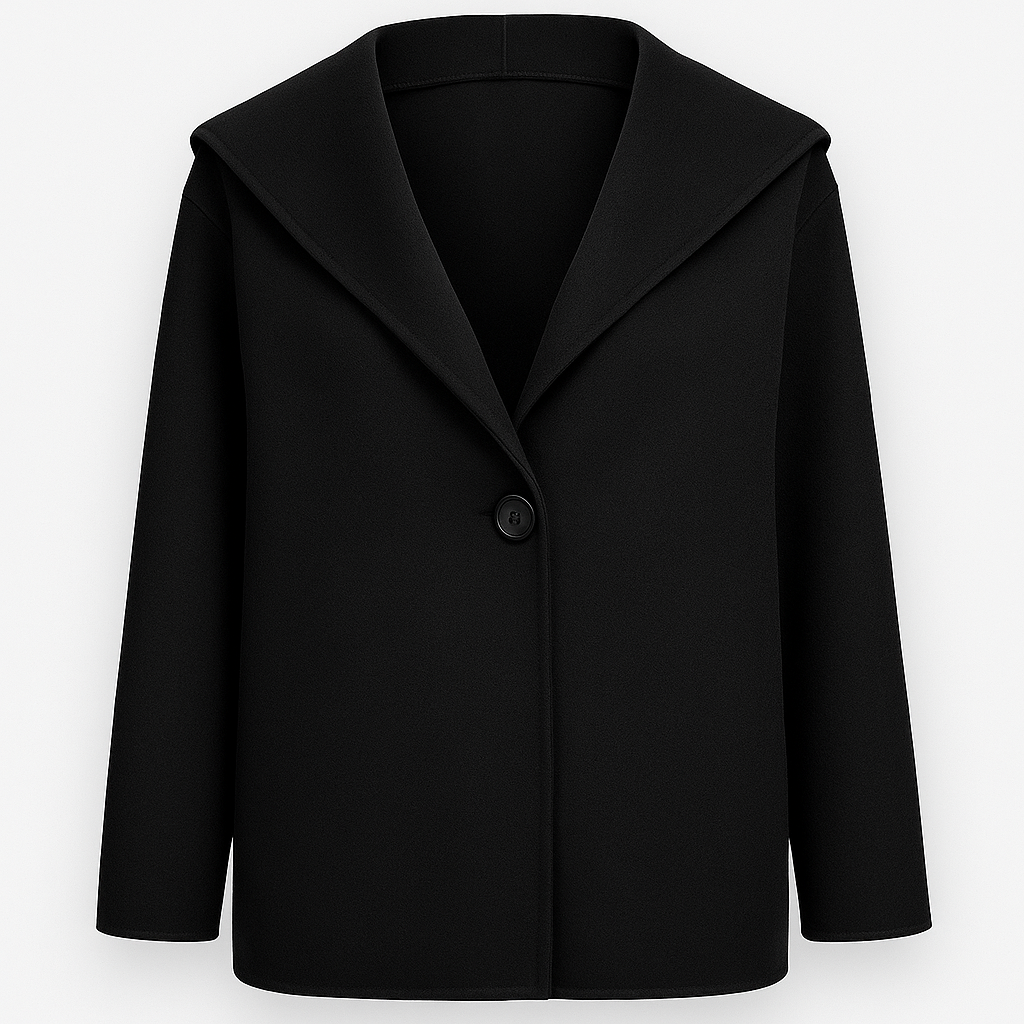 Short coat with a wide lapel collar, single-button closure, and straight long sleeves.