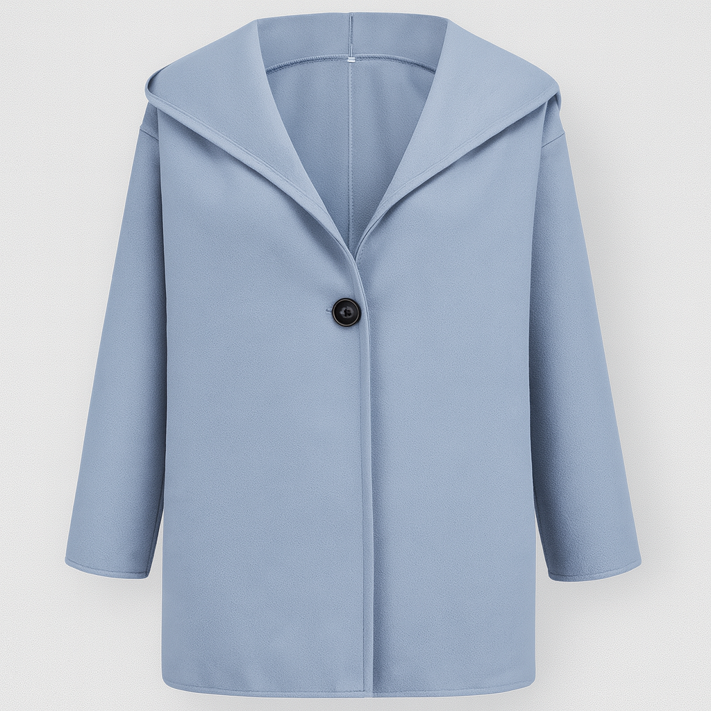 Short coat with a wide lapel collar, single-button closure, and straight long sleeves.