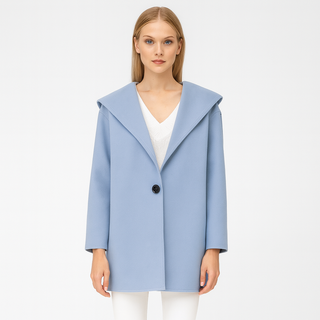 Short coat with a wide lapel collar, single-button closure, and straight long sleeves.