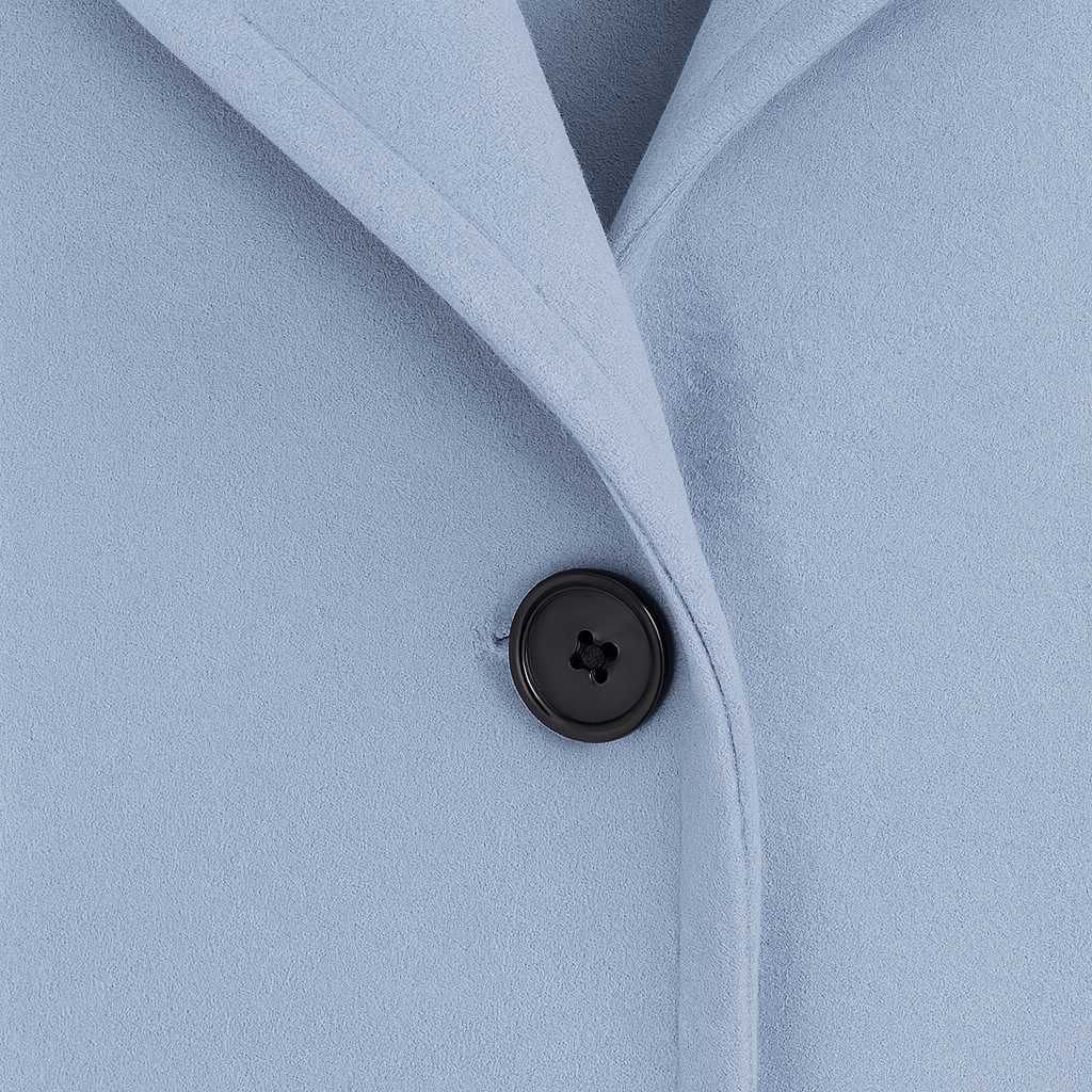 Short coat with a wide lapel collar, single-button closure, and straight long sleeves.