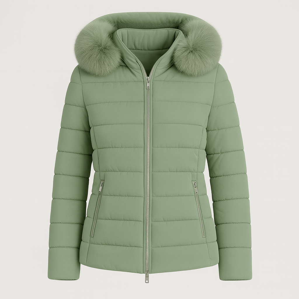 Puffer jacket with a front zipper closure, two zip pockets, horizontal quilted design, and a large collar adorned with plush fur pom accents.