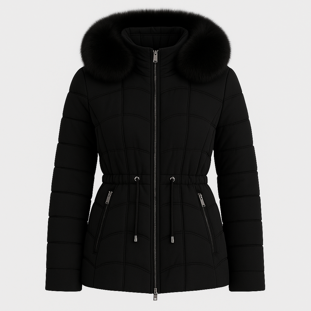 Puffer jacket with a front zipper closure, two zip pockets, horizontal quilted design, and a large collar adorned with plush fur pom accents.