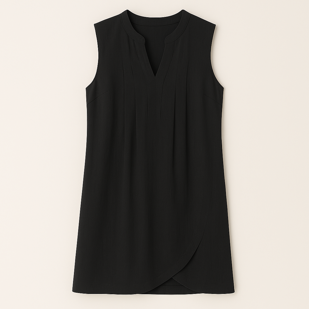 Sleeveless V-neck mini dress with vertical pleats and a tulip-style hemline.