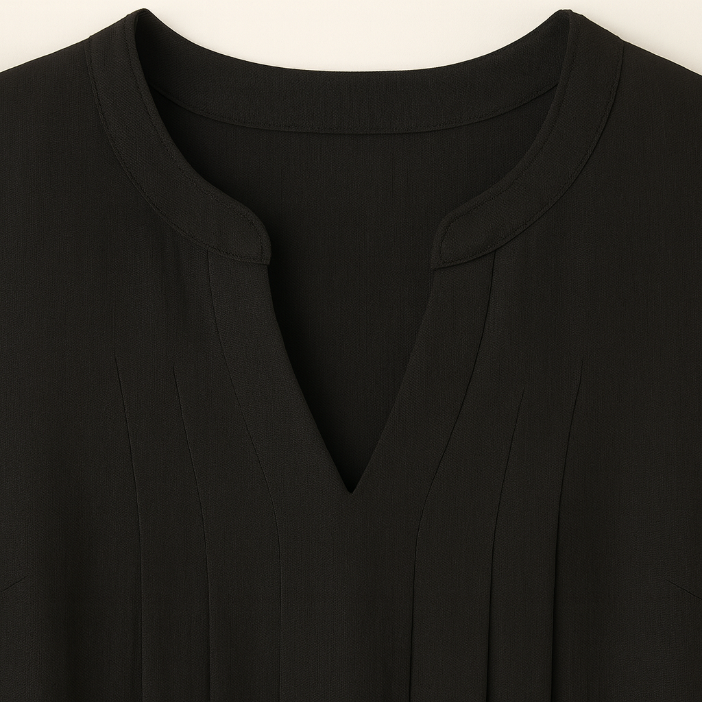 Sleeveless V-neck mini dress with vertical pleats and a tulip-style hemline.