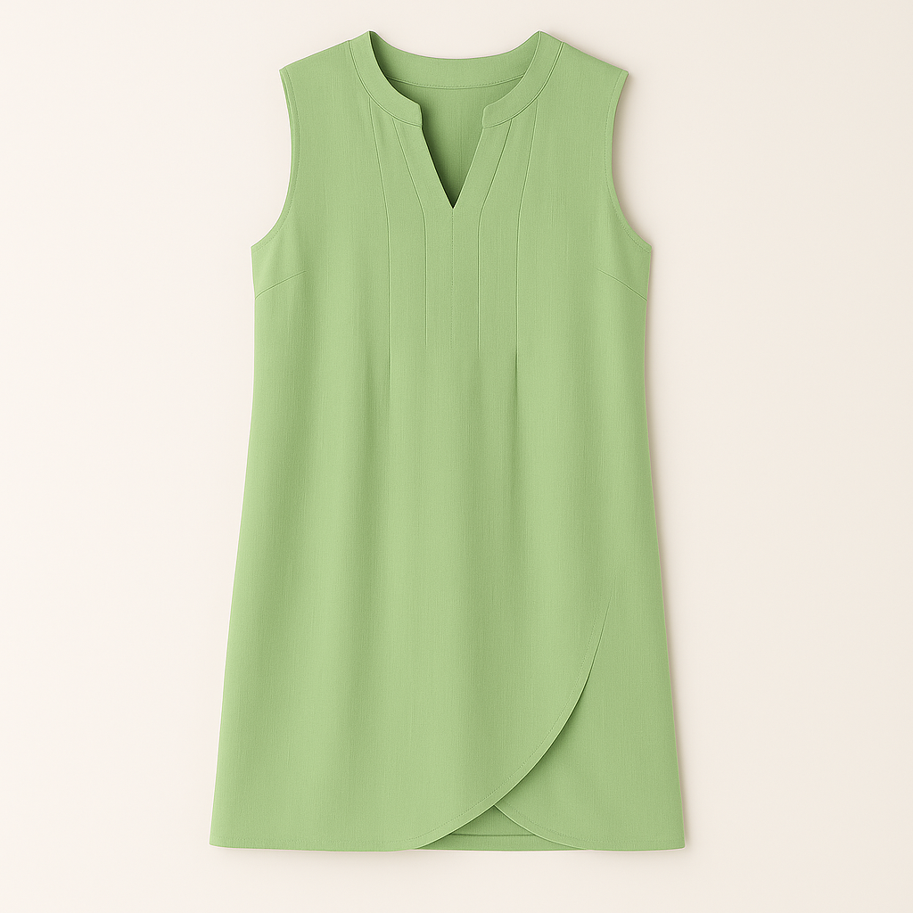 Sleeveless V-neck mini dress with vertical pleats and a tulip-style hemline.