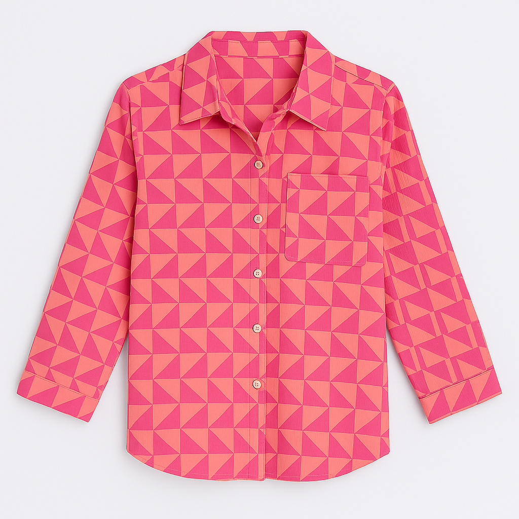Button-up shirt with a bold blue and pink abstract animal print, featuring a pointed collar and long sleeves.