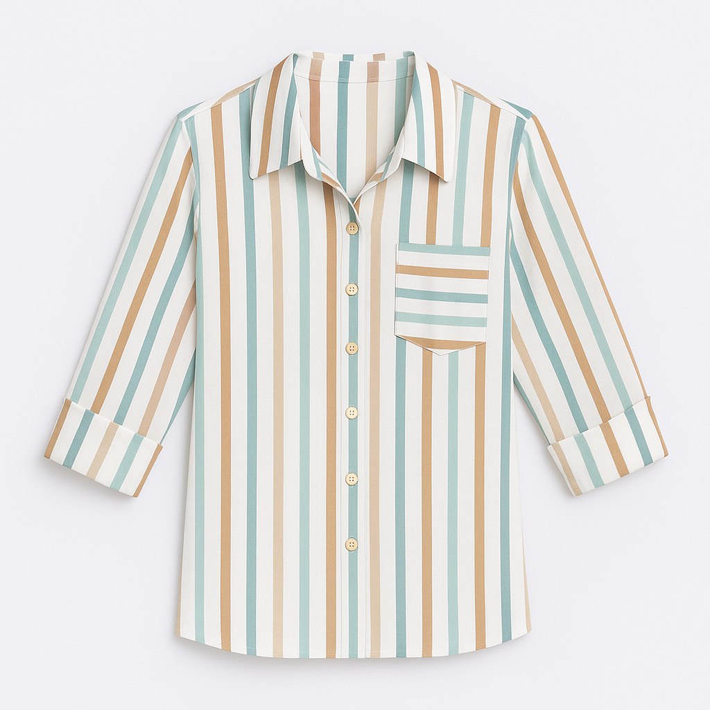 Button-up shirt with a bold blue and pink abstract animal print, featuring a pointed collar and long sleeves.