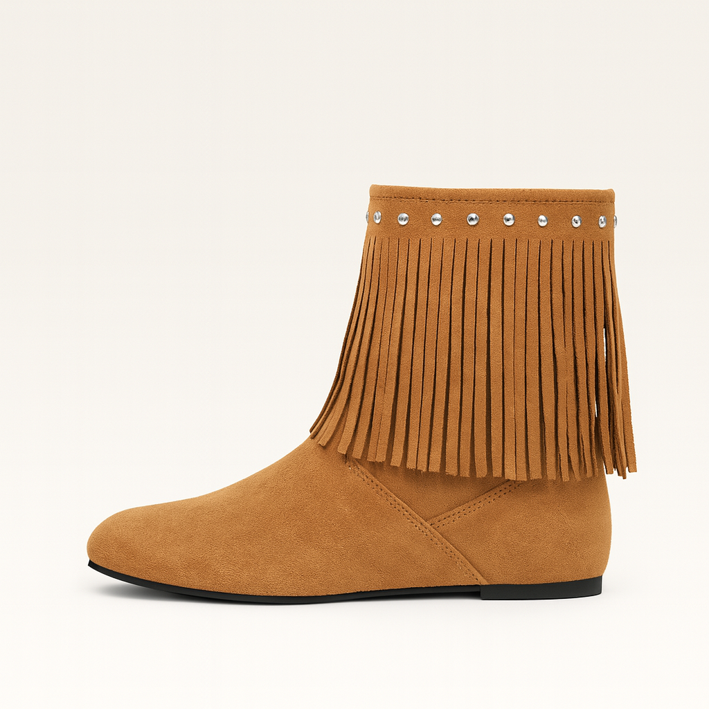 Suede ankle boot with fringe detailing and a row of decorative studs around the top.