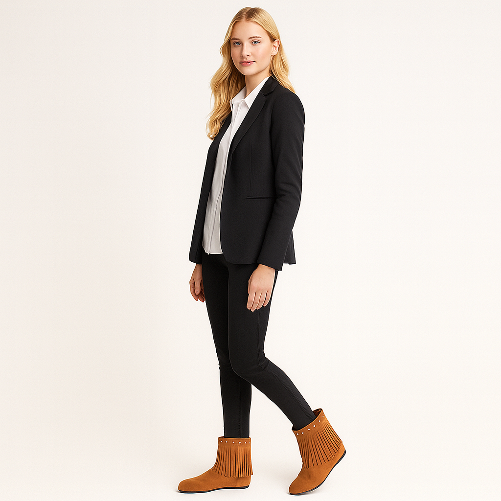 Suede ankle boot with fringe detailing and a row of decorative studs around the top.