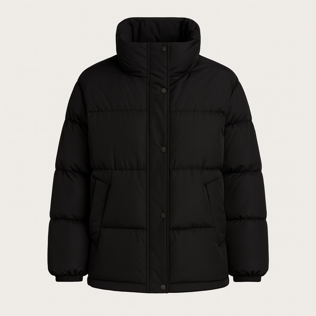 Puffer jacket with a high stand collar, front snap and zip closure, side welt pockets, and horizontal quilted padding.