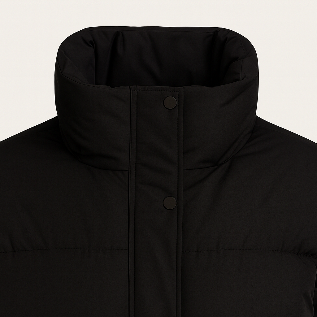 Puffer jacket with a high stand collar, front snap and zip closure, side welt pockets, and horizontal quilted padding.