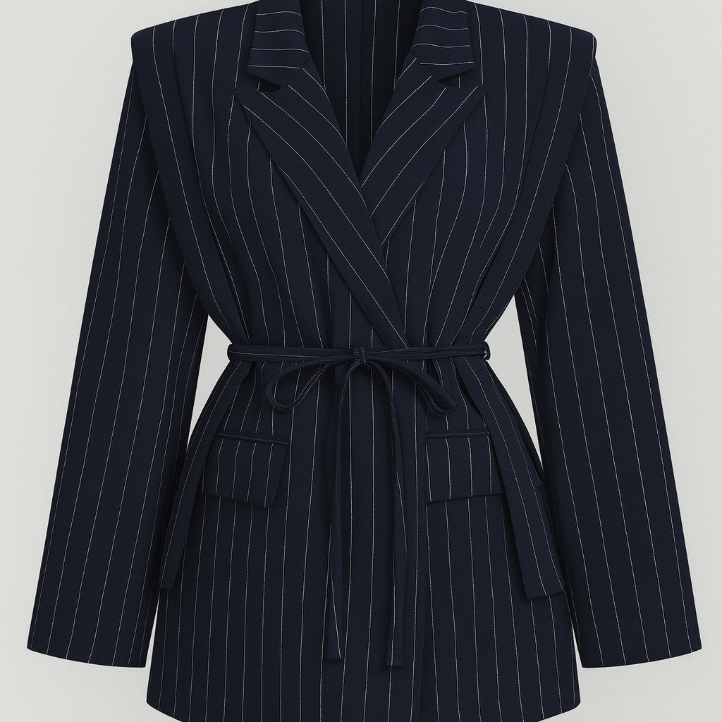 Pinstripe blazer dress with tie belt and structured shoulders