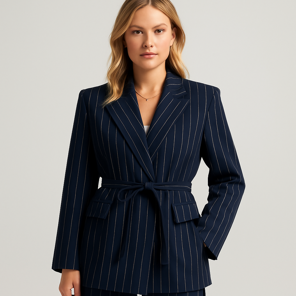 Pinstripe blazer dress with tie belt and structured shoulders