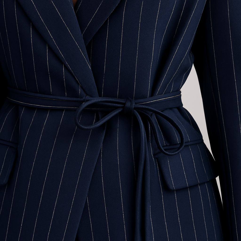 Pinstripe blazer dress with tie belt and structured shoulders