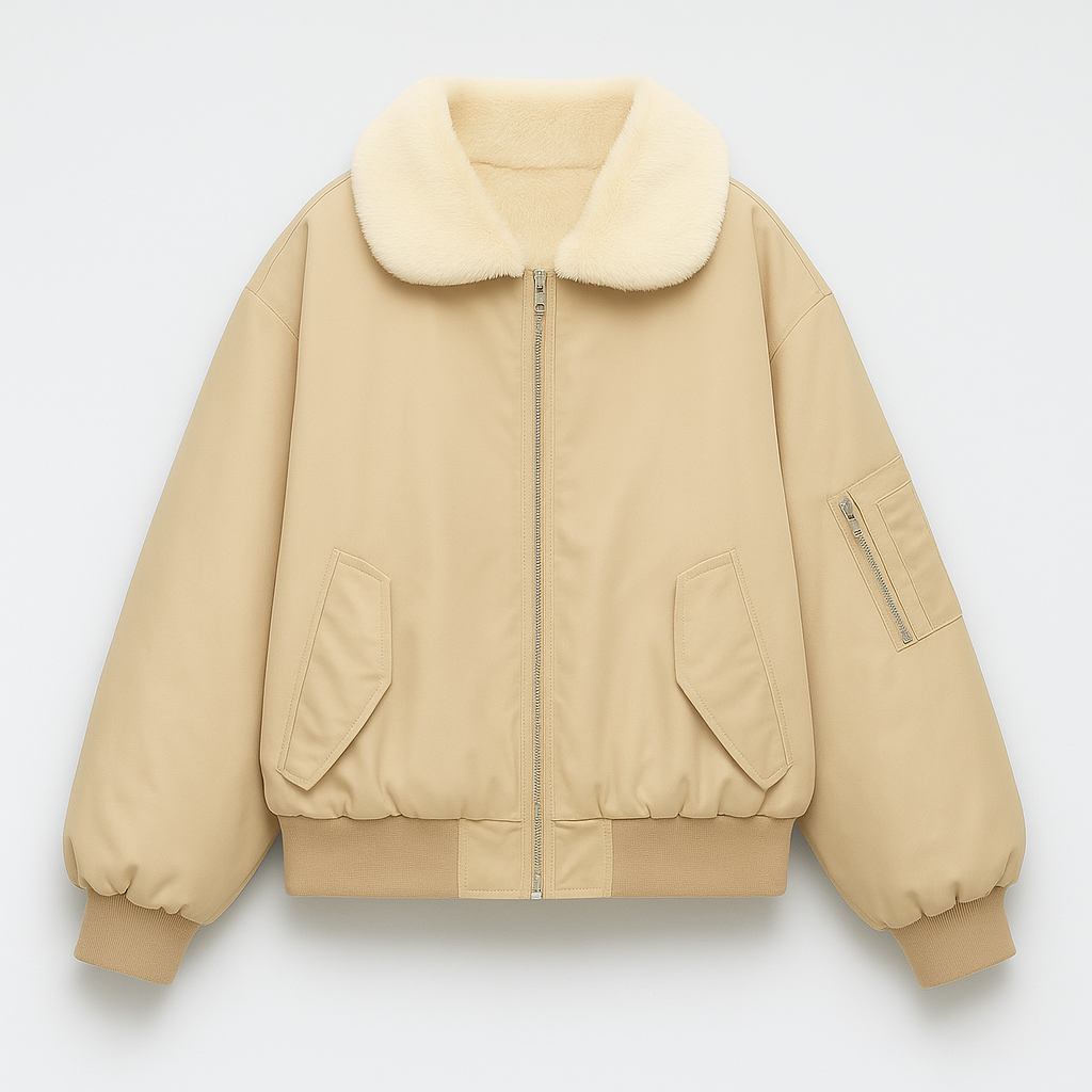 A bomber jacket with a soft cream faux fur collar and a front zip closure. It features flap front pockets, a zip pocket on the sleeve, ribbed cuffs and hem, and a relaxed, slightly oversized fit. The cozy lining and structured silhouette make it a stylish and warm outerwear option for cooler days.