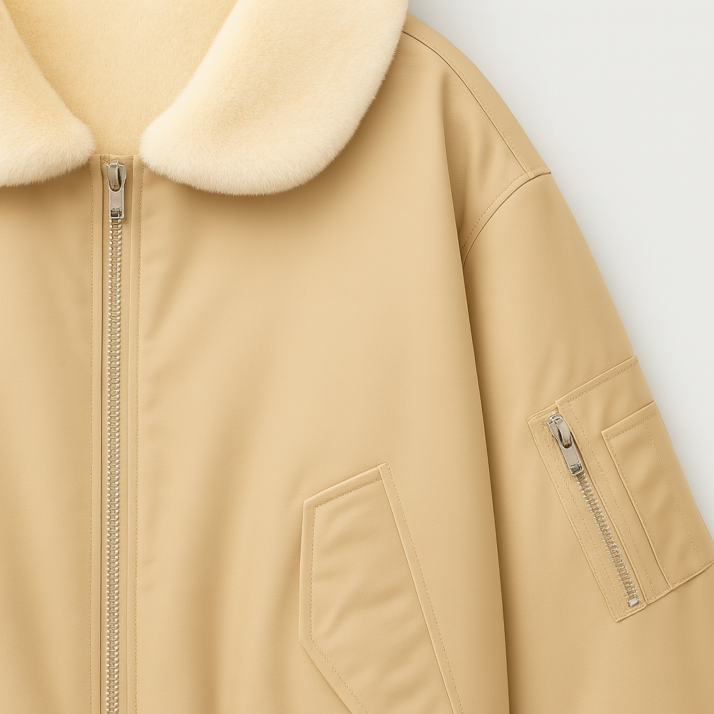 A bomber jacket with a soft cream faux fur collar and a front zip closure. It features flap front pockets, a zip pocket on the sleeve, ribbed cuffs and hem, and a relaxed, slightly oversized fit. The cozy lining and structured silhouette make it a stylish and warm outerwear option for cooler days.