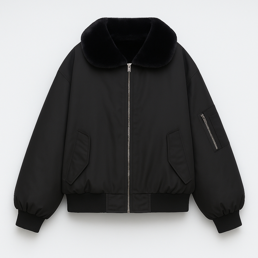 A bomber jacket with a soft cream faux fur collar and a front zip closure. It features flap front pockets, a zip pocket on the sleeve, ribbed cuffs and hem, and a relaxed, slightly oversized fit. The cozy lining and structured silhouette make it a stylish and warm outerwear option for cooler days.