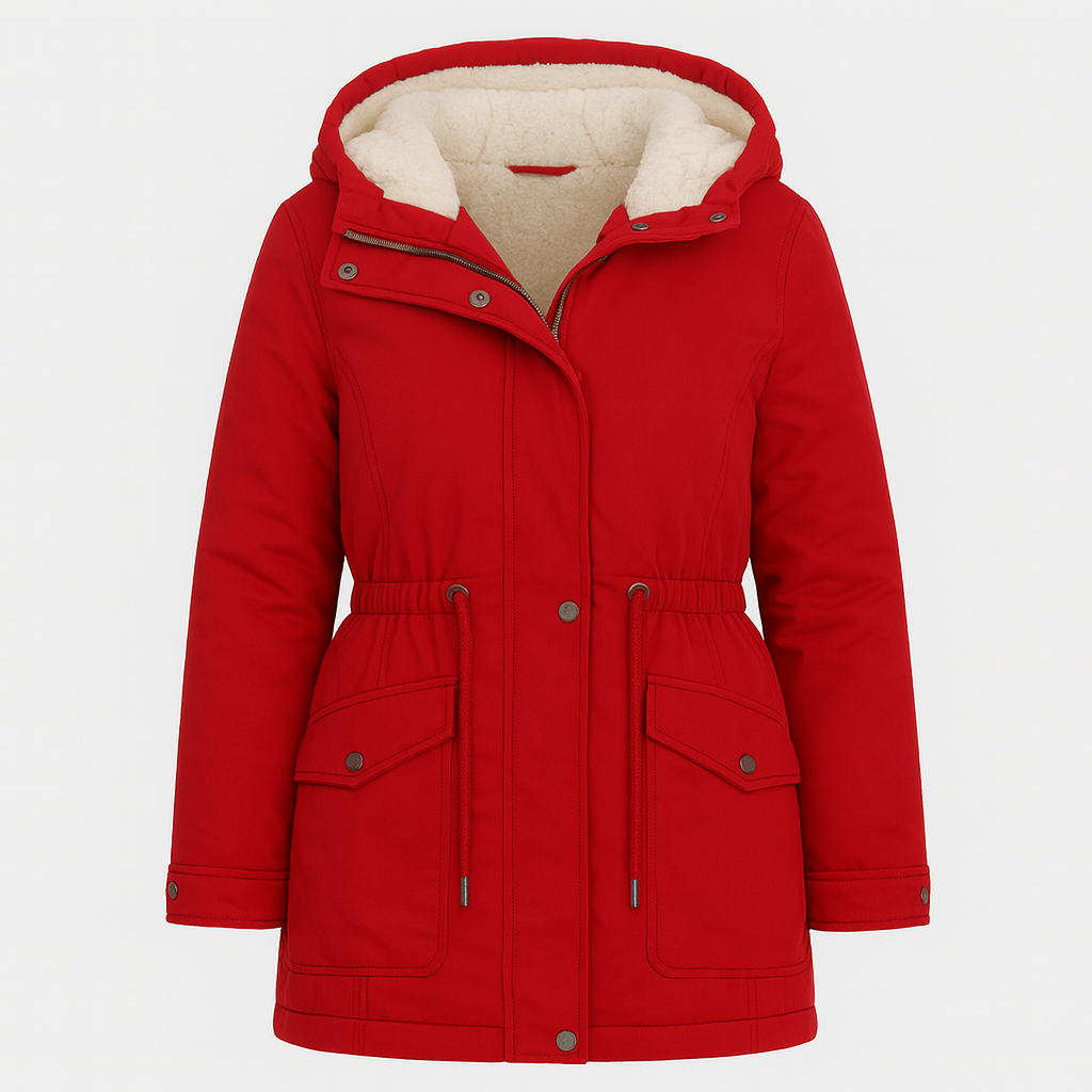 Parka jacket with a hood lined in soft fleece, front zipper and snap closure, drawstring waist for a fitted silhouette, flap pockets with button closures, and adjustable cuffs.