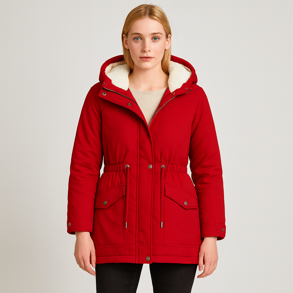 Parka jacket with a hood lined in soft fleece, front zipper and snap closure, drawstring waist for a fitted silhouette, flap pockets with button closures, and adjustable cuffs.