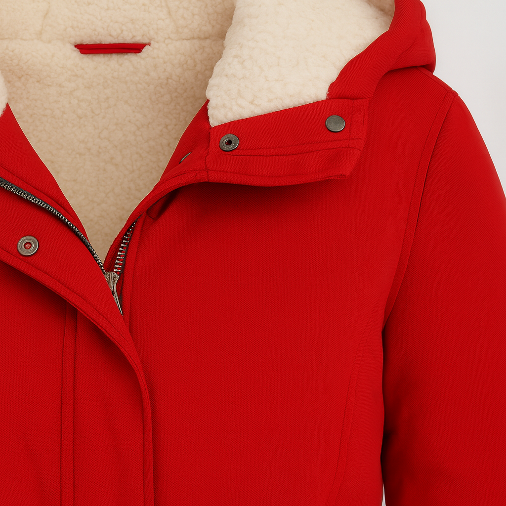 Parka jacket with a hood lined in soft fleece, front zipper and snap closure, drawstring waist for a fitted silhouette, flap pockets with button closures, and adjustable cuffs.